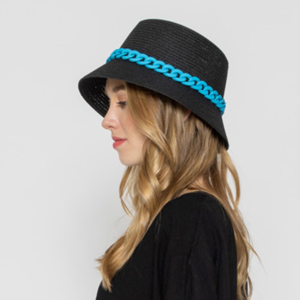 Straw Bucket Hat With Coated Chain Link Trim - One Size Fits Most - Adjustable Drawstring Inside Hat - 100% Paper Straw view 4