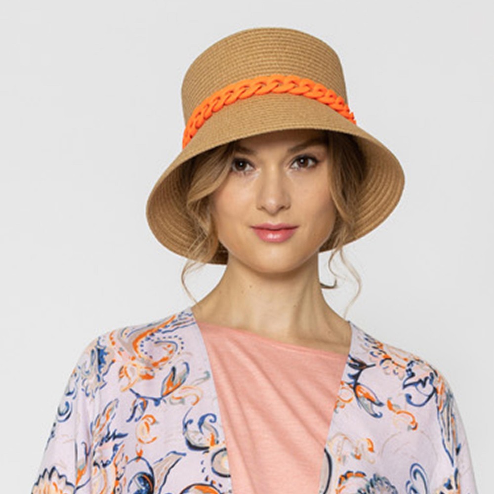 Straw Bucket Hat With Coated Chain Link Trim - One Size Fits Most - Adjustable Drawstring Inside Hat - 100% Paper Straw view 2