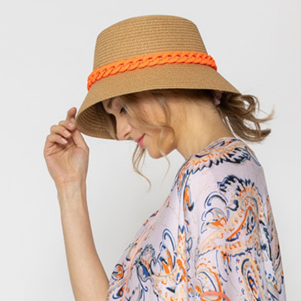 Straw Bucket Hat With Coated Chain Link Trim - One Size Fits Most - Adjustable Drawstring Inside Hat - 100% Paper Straw view 4