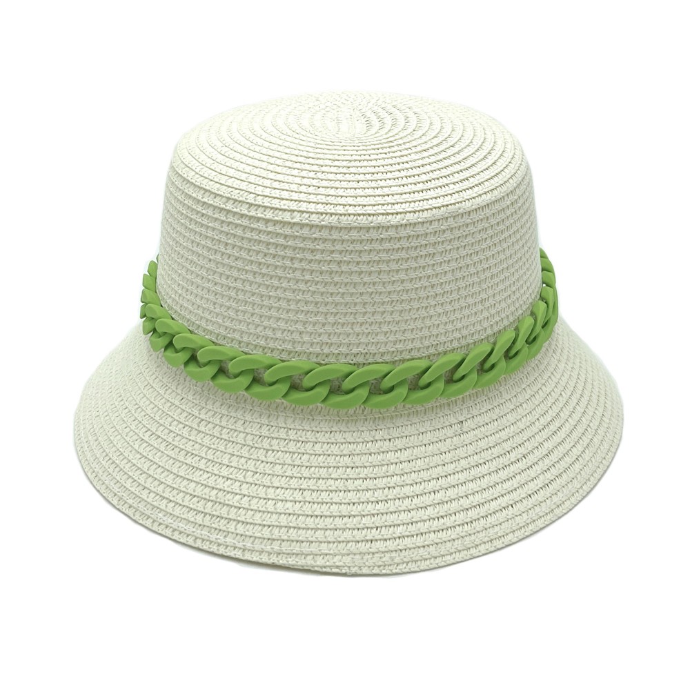 Straw Bucket Hat With Coated Chain Link Trim - One Size Fits Most - Adjustable Drawstring Inside Hat - 100% Paper Straw view 2