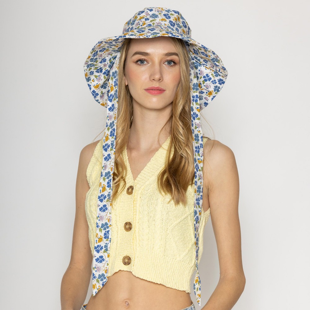 Floral Pattern Wire Brim Sun Hat With Ties - One Size Fits Most - Adjustable Drawstring Inside Hat - 100% Cotton - Hat Brim Approximately 4" W view 2