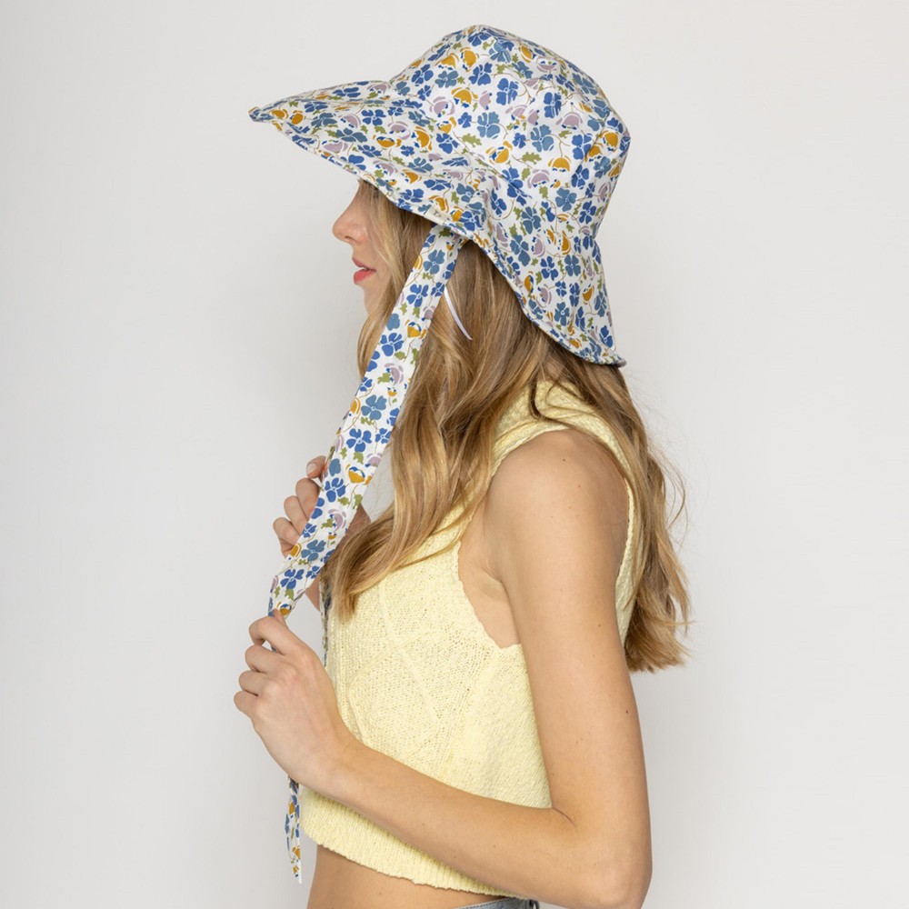 Floral Pattern Wire Brim Sun Hat With Ties - One Size Fits Most - Adjustable Drawstring Inside Hat - 100% Cotton - Hat Brim Approximately 4" W view 4