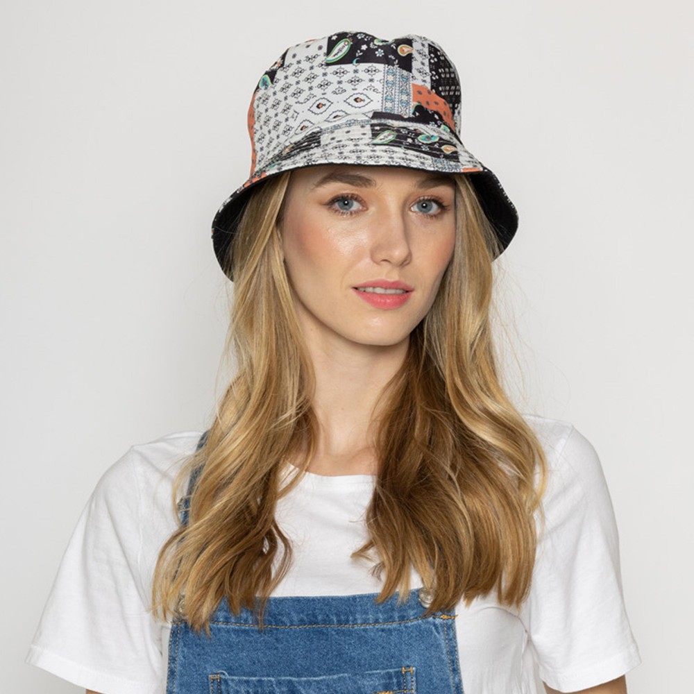 Paisley And Patchwork Reversible Bucket Hat - One Size Fits Most - 100 % Polyester - Reversible Side Is Solid Black view 2