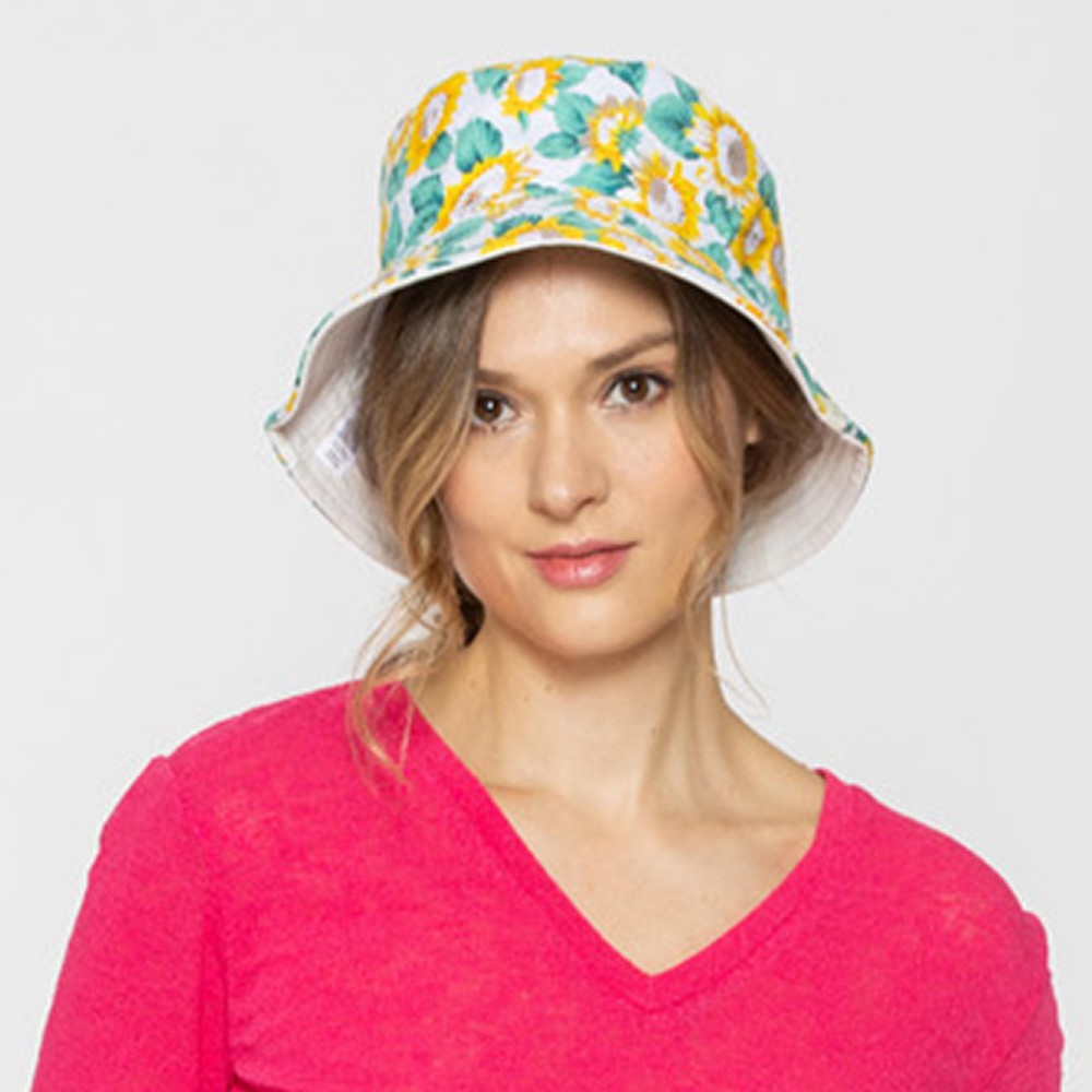 Sunflowers Reversible Bucket Hat - One Size Fits Most - 100 % Polyester - Reversible Side Is Solid White view 2