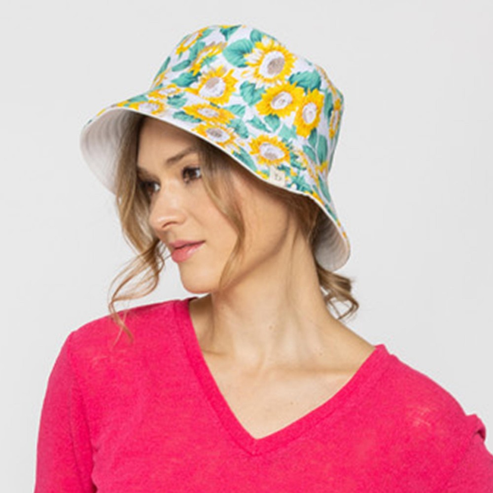 Sunflowers Reversible Bucket Hat - One Size Fits Most - 100 % Polyester - Reversible Side Is Solid White view 4
