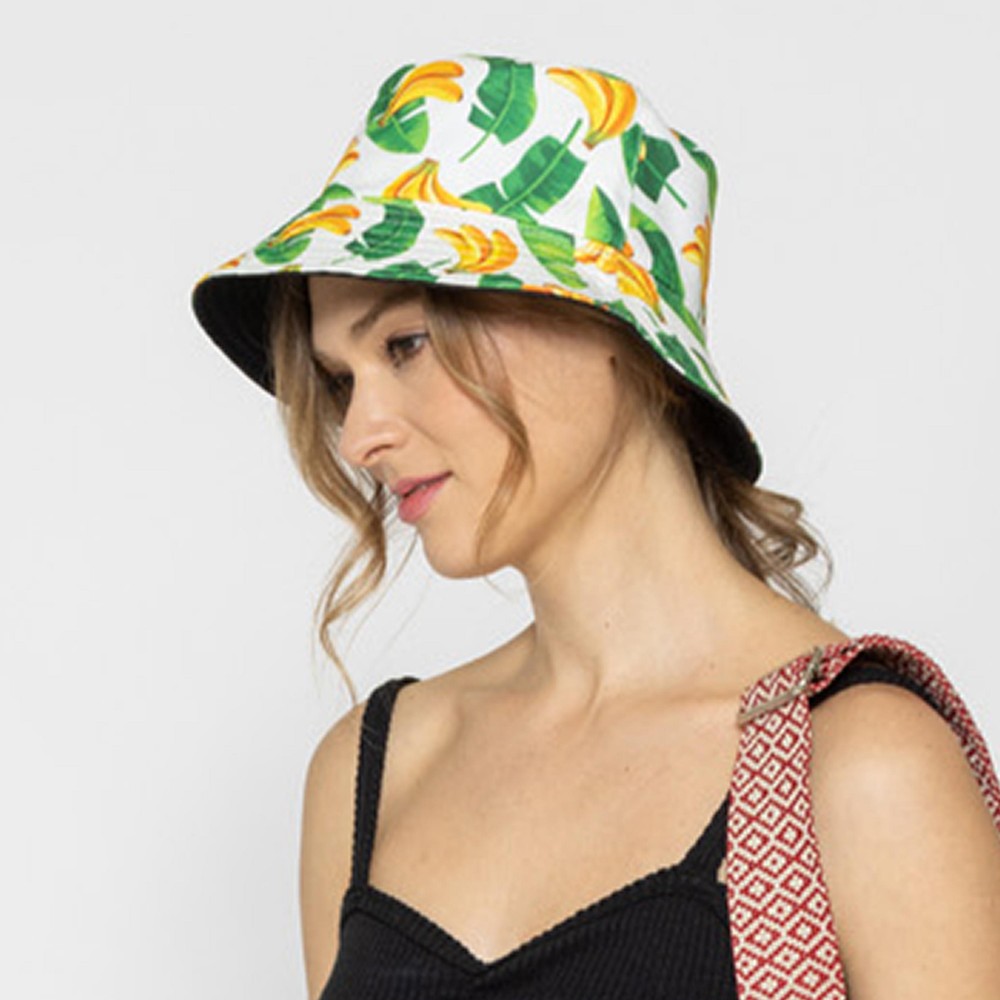 Banana Print Reversible Bucket Hat - One Size Fits Most - 100 % Polyester - Reversible Side Is Solid Black view 2
