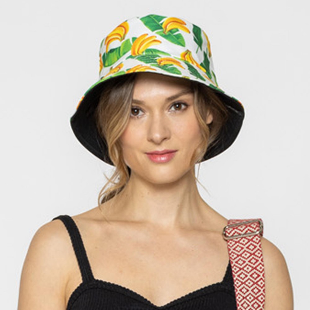Banana Print Reversible Bucket Hat - One Size Fits Most - 100 % Polyester - Reversible Side Is Solid Black view 4