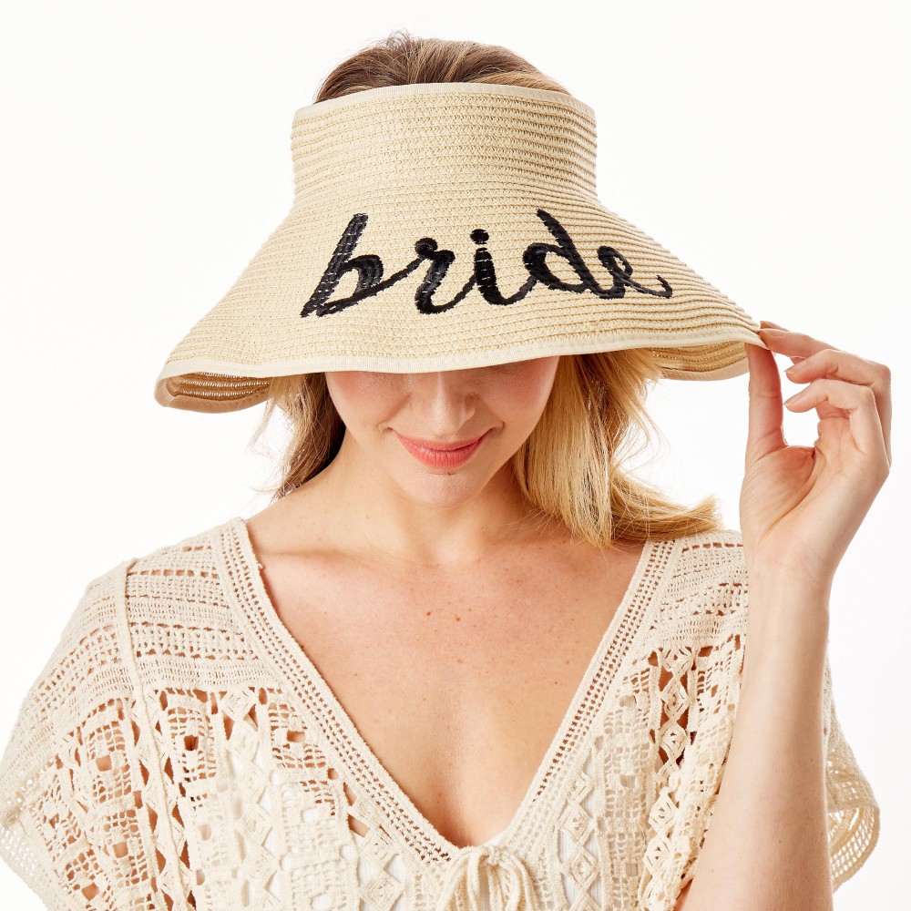 "Bride" Straw Roll Up Sun Visor Featuring Bow On Back - One size fits most - Adjustable Velcro Closure - Brim Width: 5" - 60% Paper / 40% Nylon view 2