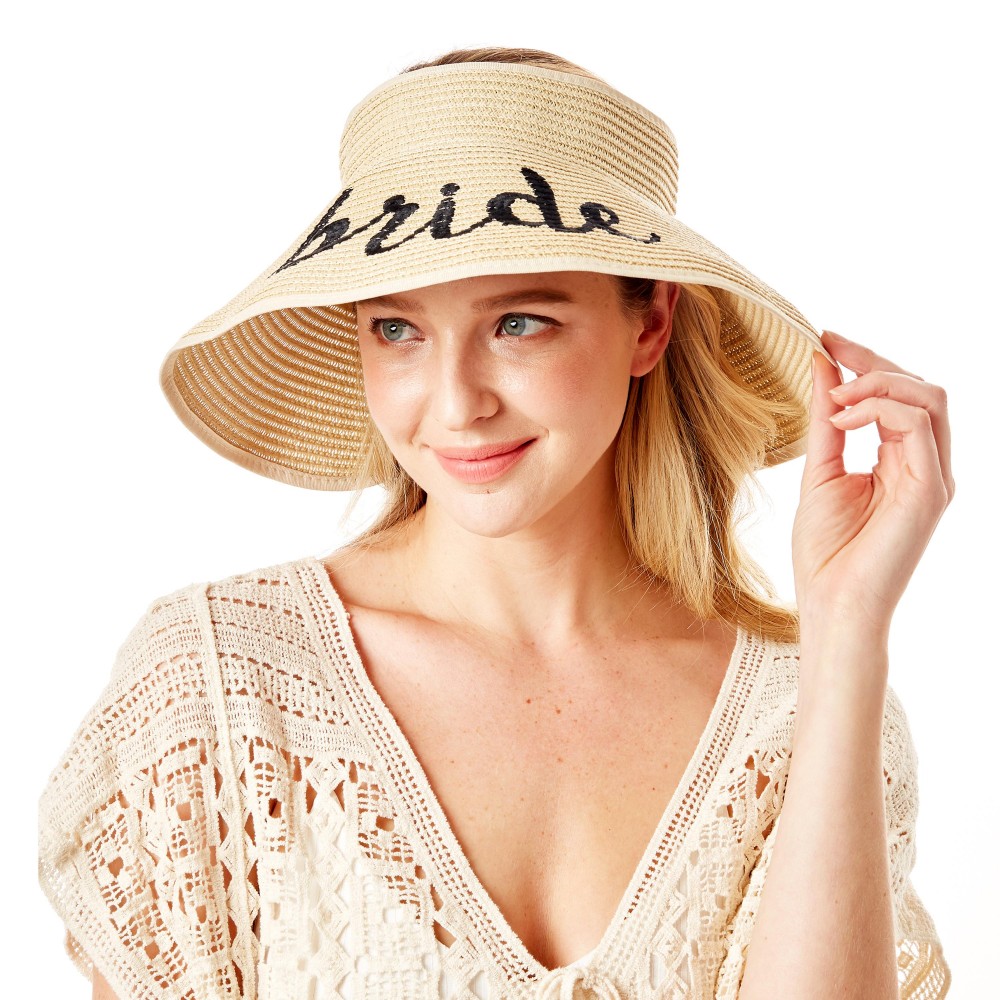 "Bride" Straw Roll Up Sun Visor Featuring Bow On Back - One size fits most - Adjustable Velcro Closure - Brim Width: 5" - 60% Paper / 40% Nylon view 4
