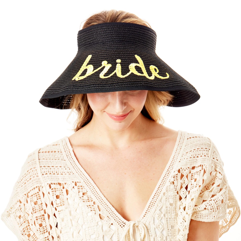 "Bride" Straw Roll Up Sun Visor Featuring Bow On Back - One size fits most - Adjustable Velcro Closure - Brim Width: 5" - 60% Paper / 40% Nylon view 2