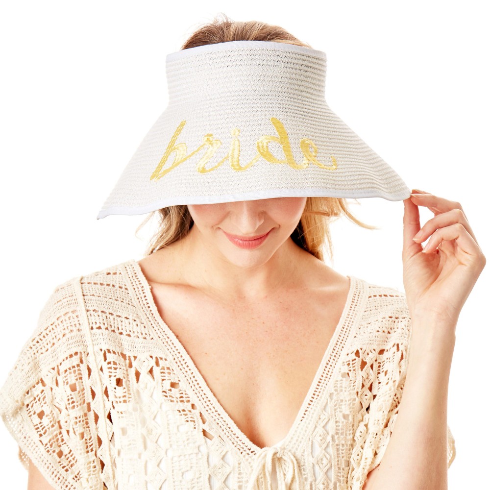 "Bride" Straw Roll Up Sun Visor Featuring Bow On Back - One size fits most - Adjustable Velcro Closure - Brim Width: 5" - 60% Paper / 40% Nylon view 2