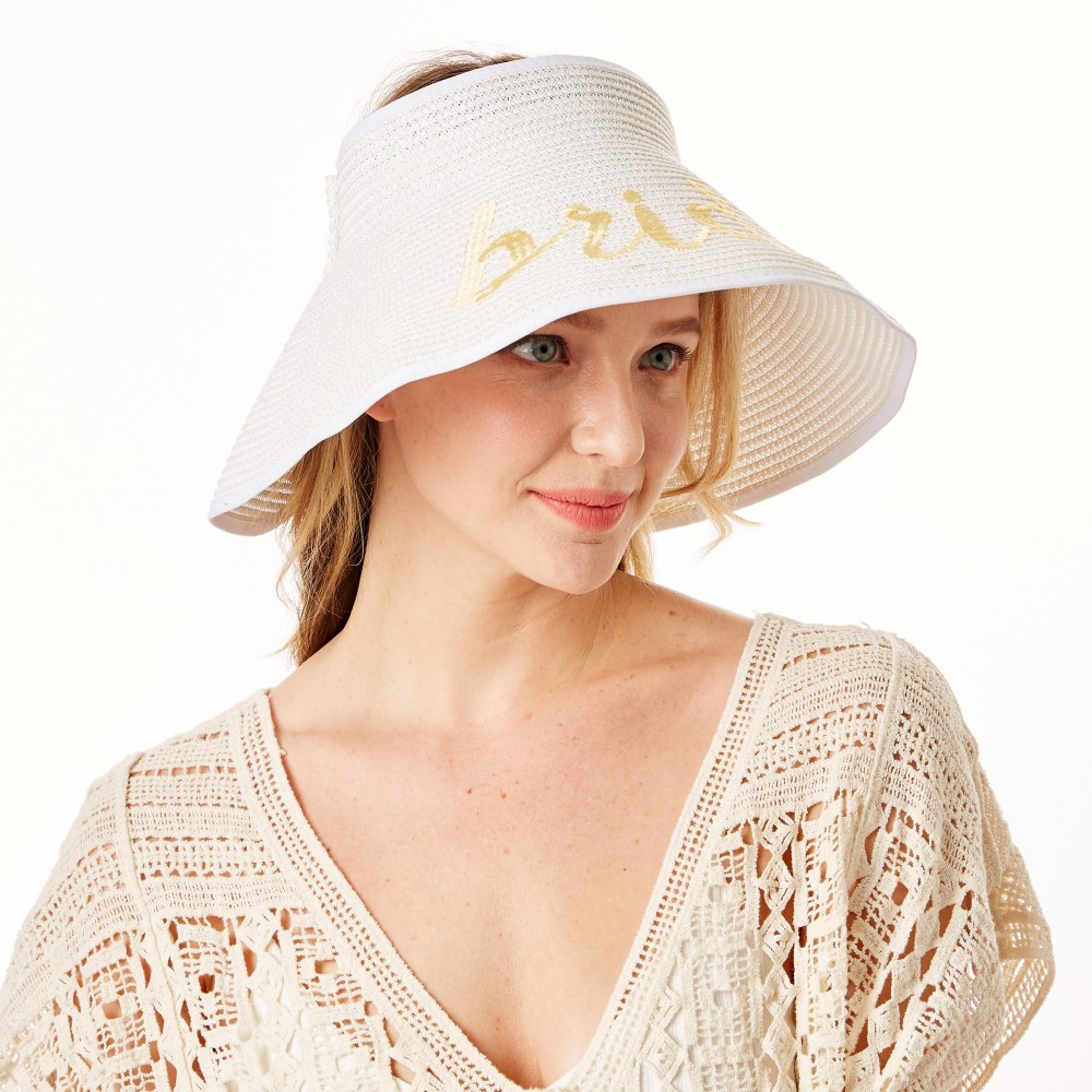 "Bride" Straw Roll Up Sun Visor Featuring Bow On Back - One size fits most - Adjustable Velcro Closure - Brim Width: 5" - 60% Paper / 40% Nylon view 4