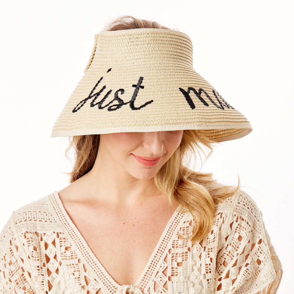 "Just Married" Straw Roll Up Sun Visor Featuring Bow On Back - One size fits most - Adjustable Velcro Closure - Brim Width: 5" - 60% Paper / 40% Nylon view 2