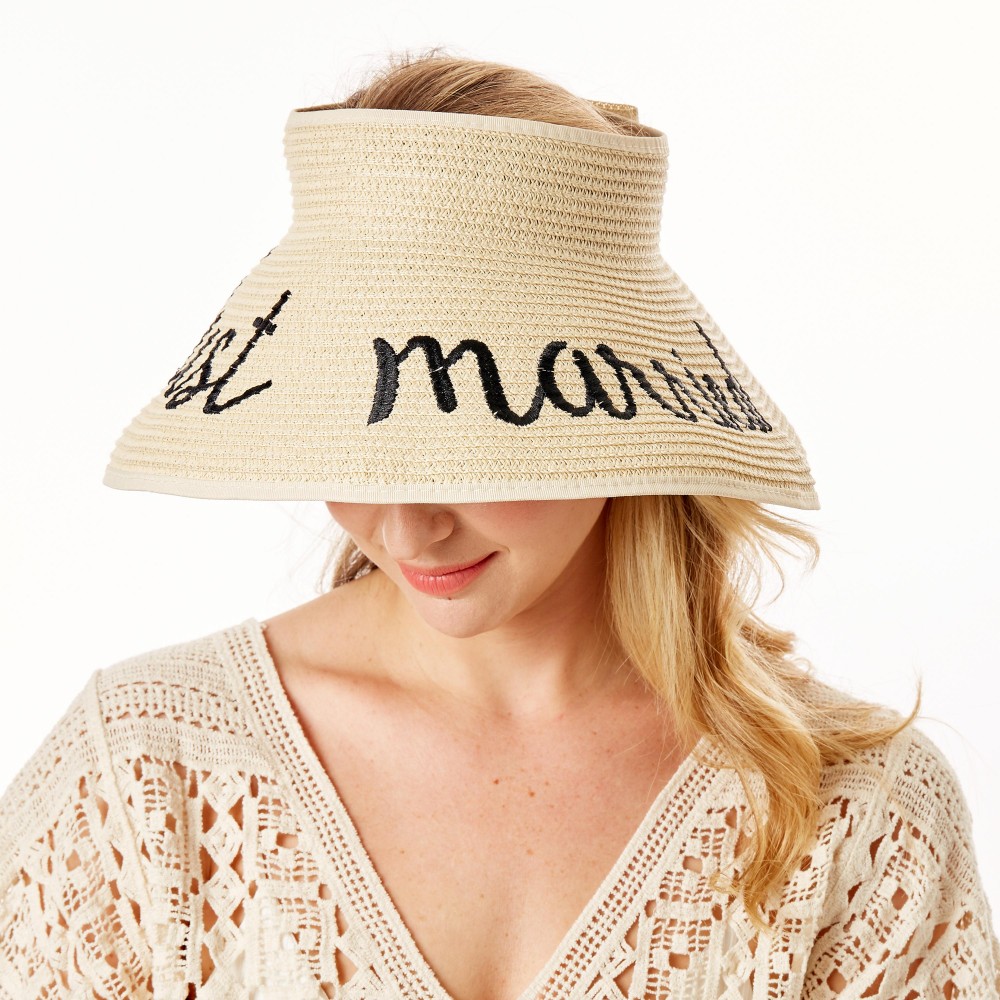 "Just Married" Straw Roll Up Sun Visor Featuring Bow On Back - One size fits most - Adjustable Velcro Closure - Brim Width: 5" - 60% Paper / 40% Nylon view 4