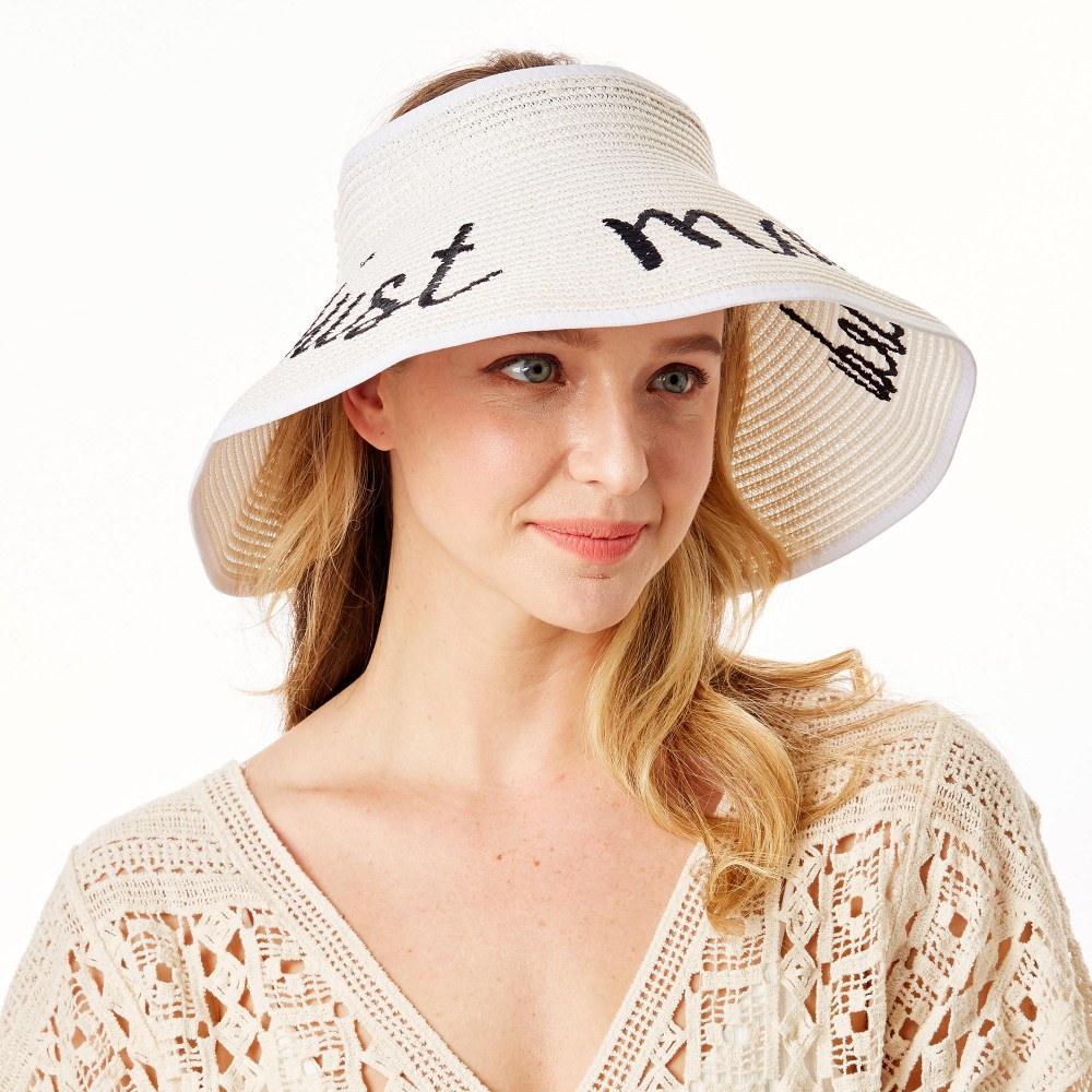 "Just Married" Straw Roll Up Sun Visor Featuring Bow On Back - One size fits most - Adjustable Velcro Closure - Brim Width: 5" - 60% Paper / 40% Nylon view 4