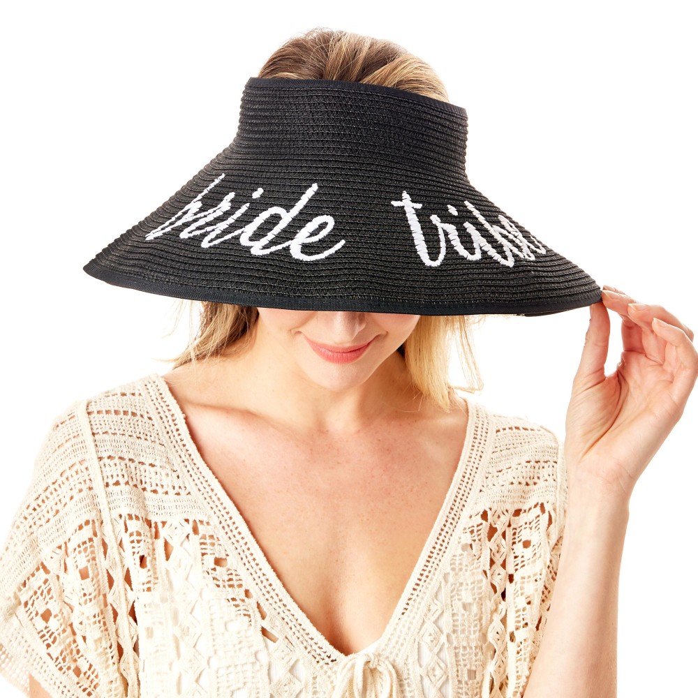 "Bride Tribe" Straw Roll Up Sun Visor Featuring Bow On Back - One size fits most - Adjustable Velcro Closure - Brim Width: 5" - 60% Paper / 40% Nylon view 2