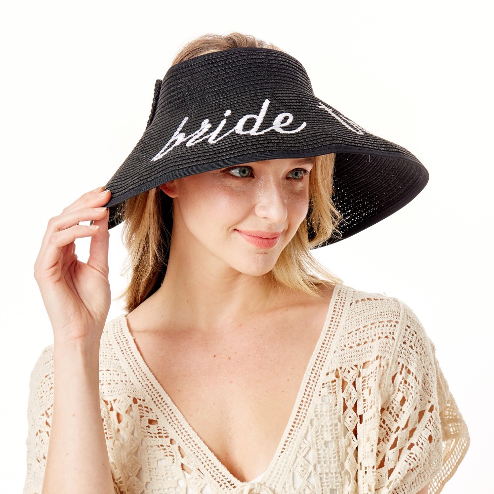 "Bride Tribe" Straw Roll Up Sun Visor Featuring Bow On Back - One size fits most - Adjustable Velcro Closure - Brim Width: 5" - 60% Paper / 40% Nylon view 4