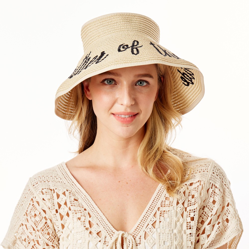 "Mother of the Bride" Straw Roll Up Sun Visor Featuring Bow On Back - One size fits most - Adjustable Velcro Closure - Brim Width: 5" - 60% Paper / 40% Nylon view 2