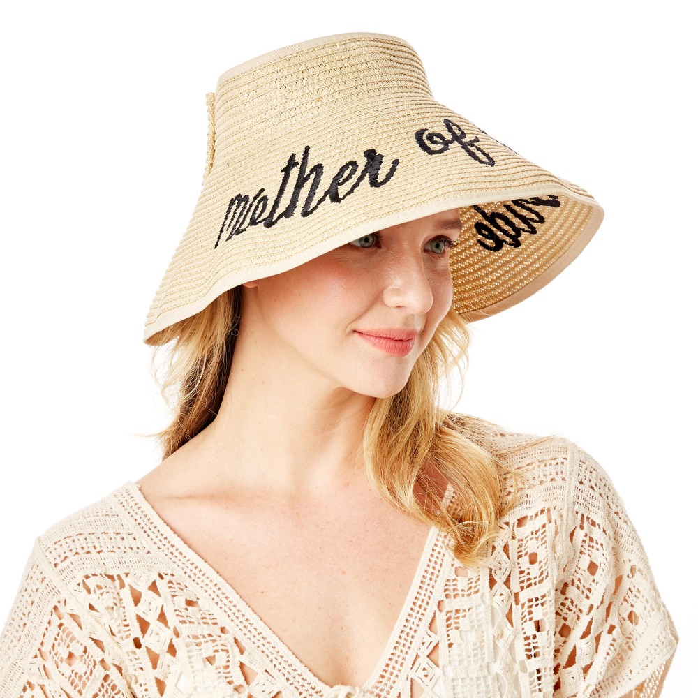 "Mother of the Bride" Straw Roll Up Sun Visor Featuring Bow On Back - One size fits most - Adjustable Velcro Closure - Brim Width: 5" - 60% Paper / 40% Nylon view 4