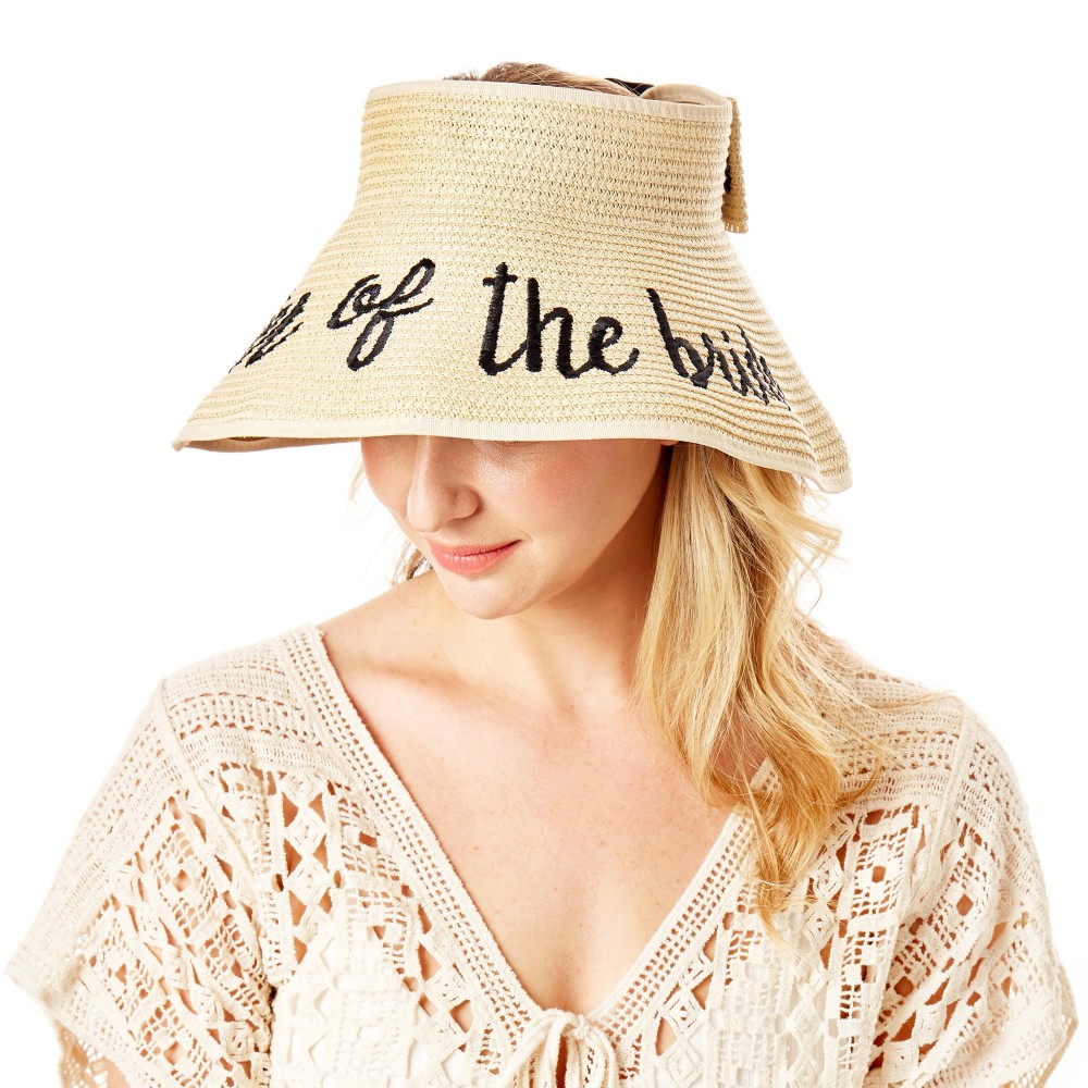 "Mother of the Bride" Straw Roll Up Sun Visor Featuring Bow On Back - One size fits most - Adjustable Velcro Closure - Brim Width: 5" - 60% Paper / 40% Nylon view 6