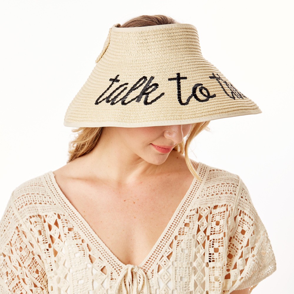 "Talk to the Sand" Straw Roll Up Sun Visor Featuring Bow On Back - One size fits most - Adjustable Velcro Closure - Brim Width: 5" - 60% Paper / 40% Nylon view 6