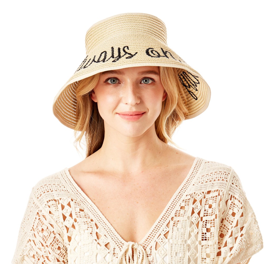 "Always on Vacation" Straw Roll Up Sun Visor Featuring Bow On Back - One size fits most - Adjustable Velcro Closure - Brim Width: 5" - 60% Paper / 40% Nylon view 2