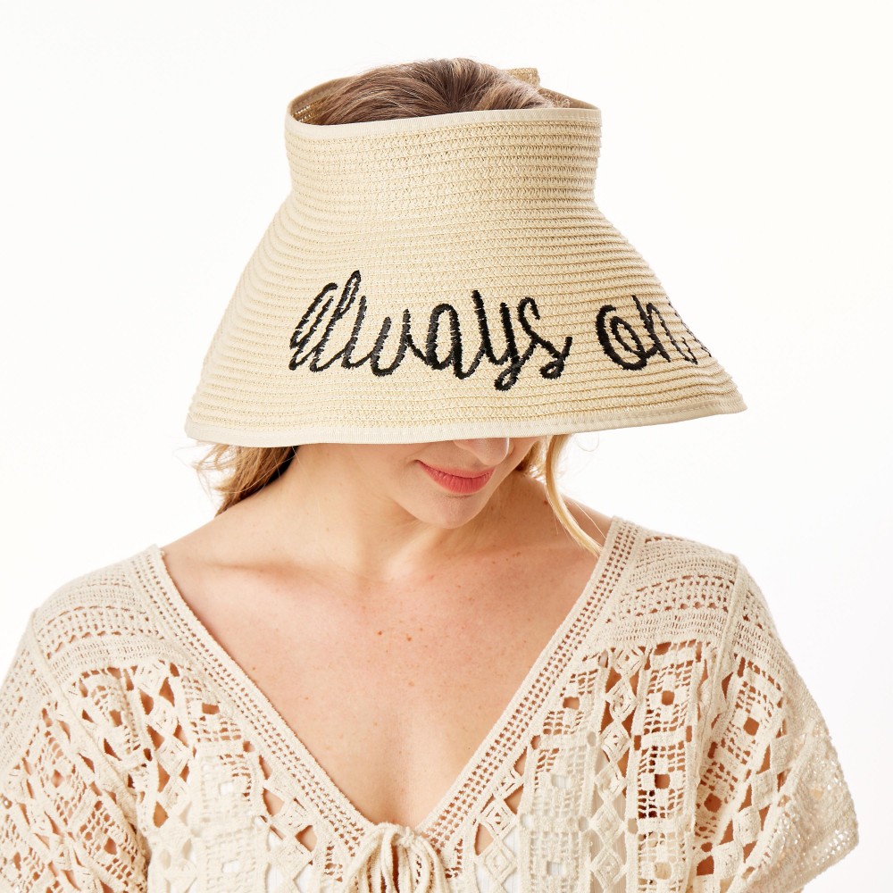 "Always on Vacation" Straw Roll Up Sun Visor Featuring Bow On Back - One size fits most - Adjustable Velcro Closure - Brim Width: 5" - 60% Paper / 40% Nylon view 4