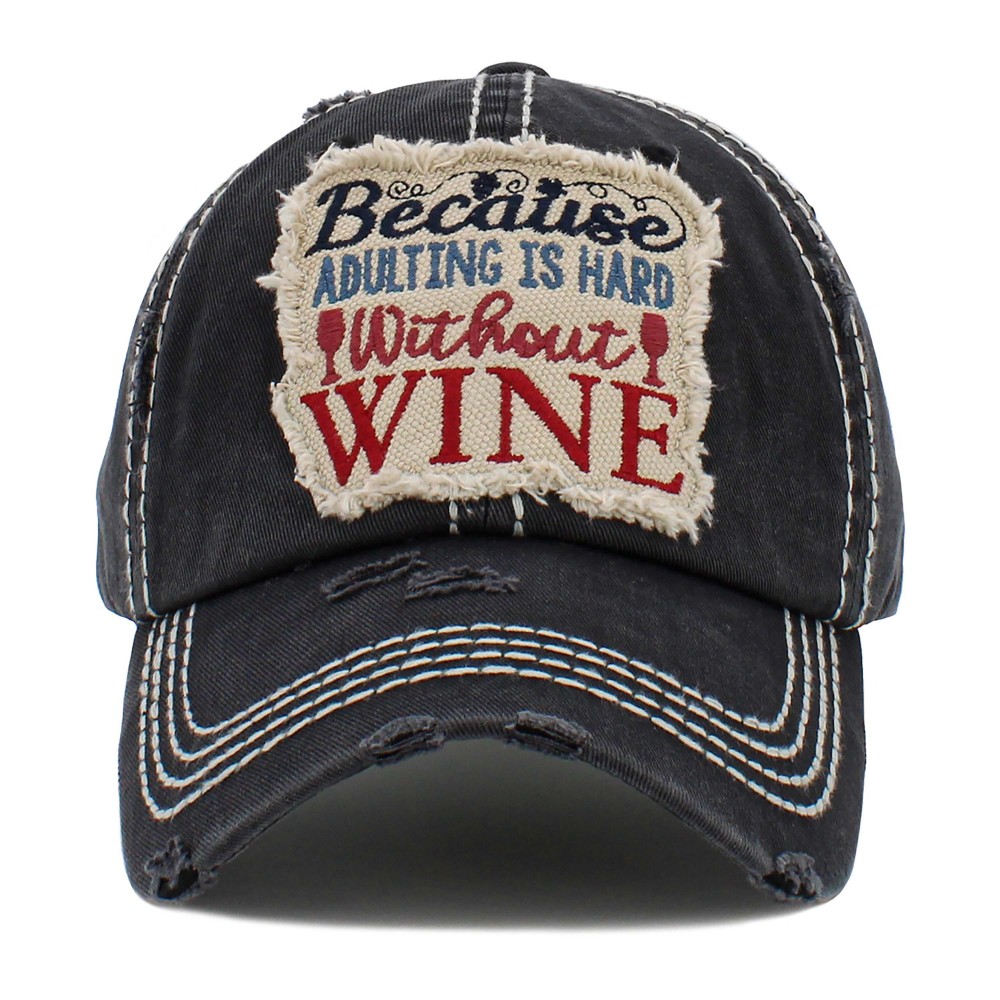 Vintage Distressed "Because Adulting is Hard Without Wine" Embroidered Patch Baseball Cap - One Size Fits Most - Adjustable Velcro Closure - 100% Cotton view 2