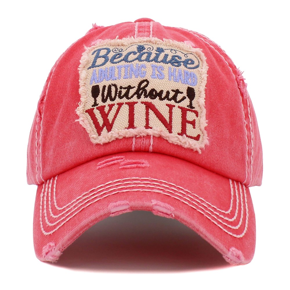 Vintage Distressed "Because Adulting is Hard Without Wine" Embroidered Patch Baseball Cap - One Size Fits Most - Adjustable Velcro Closure - 100% Cotton view 2