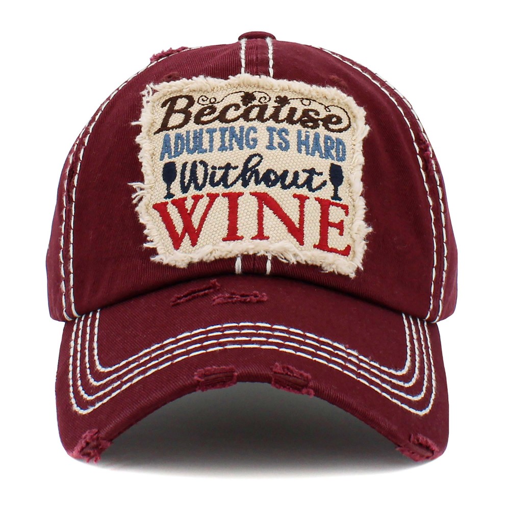 Vintage Distressed "Because Adulting is Hard Without Wine" Embroidered Patch Baseball Cap - One Size Fits Most - Adjustable Velcro Closure - 100% Cotton view 2