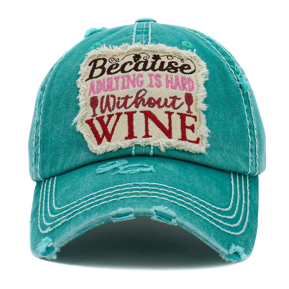 Vintage Distressed "Because Adulting is Hard Without Wine" Embroidered Patch Baseball Cap - One Size Fits Most - Adjustable Velcro Closure - 100% Cotton view 2