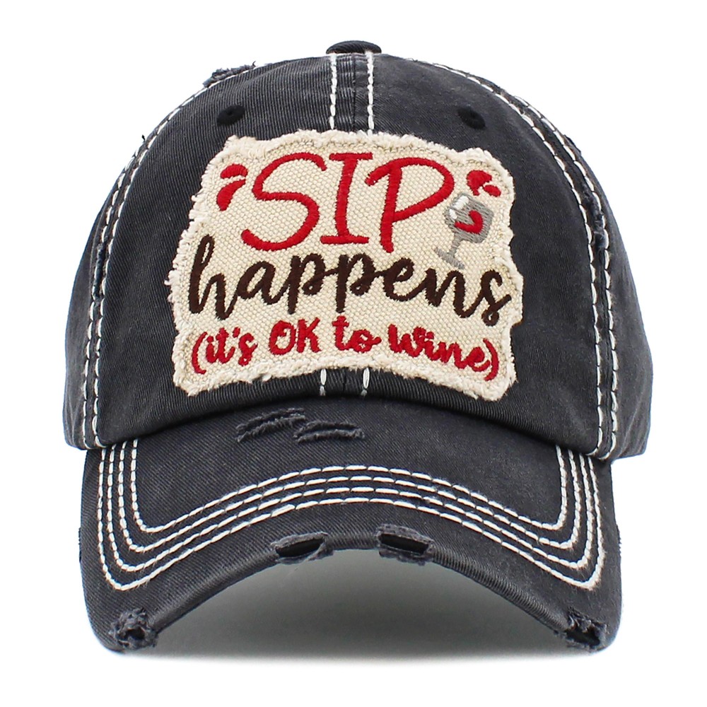 Vintage Distressed Sip Happens Patch Baseball Cap. - One size fits most - Adjustable Velcro Closure - 100% Cotton view 2