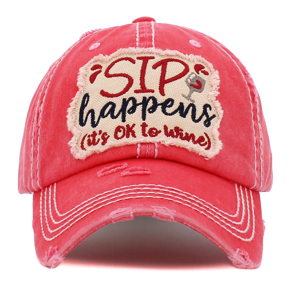 Vintage Distressed Sip Happens Patch Baseball Cap. - One size fits most - Adjustable Velcro Closure - 100% Cotton view 2