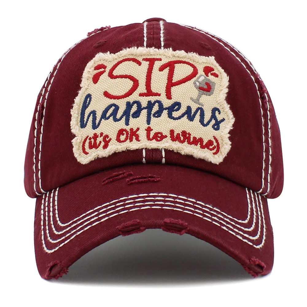 Vintage Distressed Sip Happens Patch Baseball Cap. - One size fits most - Adjustable Velcro Closure - 100% Cotton view 2