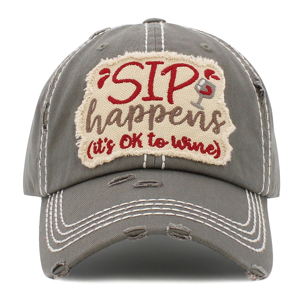Vintage Distressed Sip Happens Patch Baseball Cap. - One size fits most - Adjustable Velcro Closure - 100% Cotton view 2