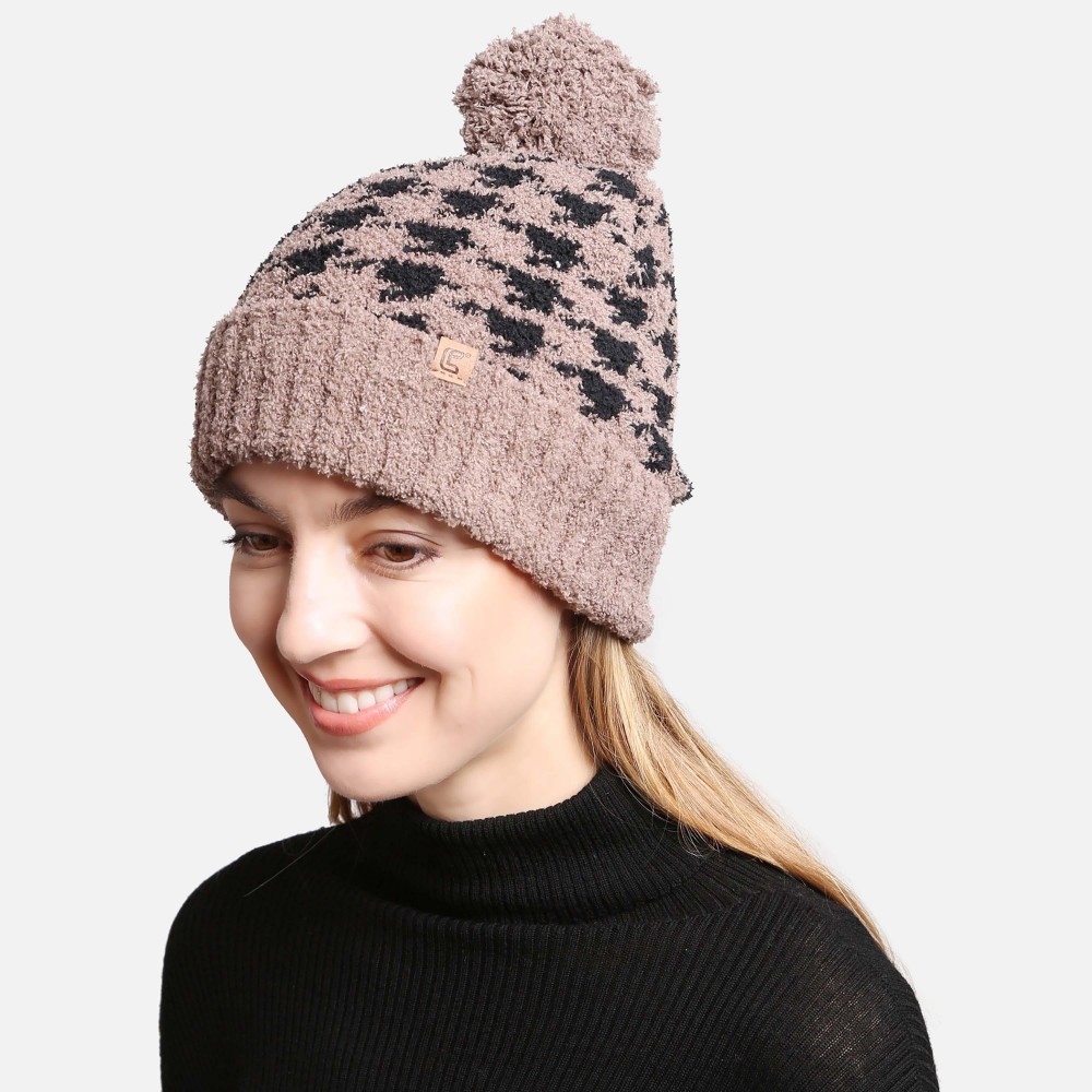 ComfyLuxe Houndstooth Pom Pom Beanie With Lining - One Size Fits Most - 100% Poly Microfiber view 2