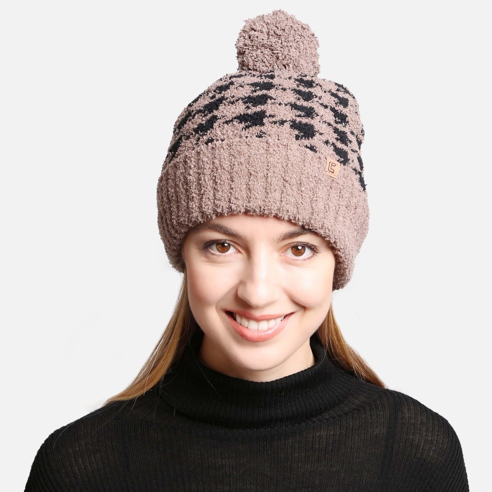ComfyLuxe Houndstooth Pom Pom Beanie With Lining - One Size Fits Most - 100% Poly Microfiber view 4