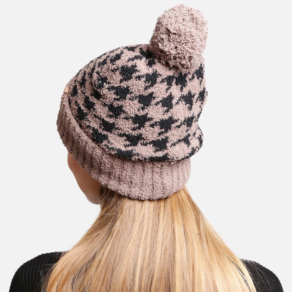 ComfyLuxe Houndstooth Pom Pom Beanie With Lining - One Size Fits Most - 100% Poly Microfiber view 6