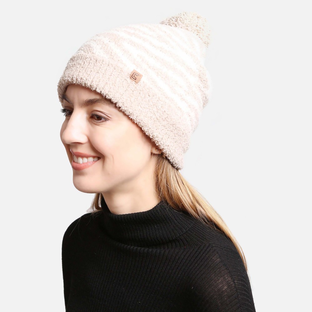 ComfyLuxe Zebra Print Pom Pom Beanie With Lining - One Size Fits Most - 100% Poly Microfiber view 2