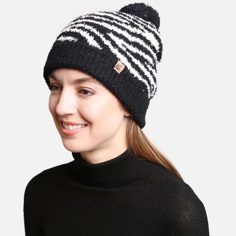 ComfyLuxe Zebra Print Pom Pom Beanie With Lining - One Size Fits Most - 100% Poly Microfiber view 2