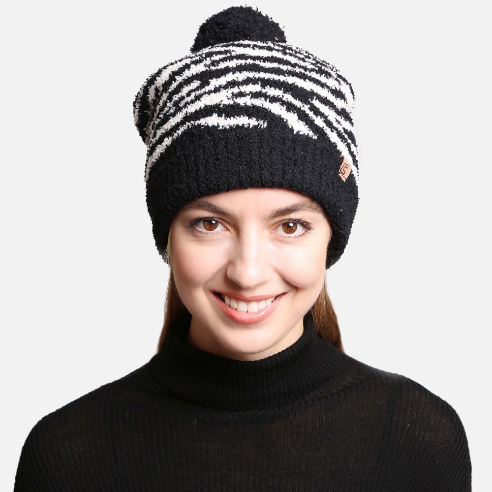 ComfyLuxe Zebra Print Pom Pom Beanie With Lining - One Size Fits Most - 100% Poly Microfiber view 4