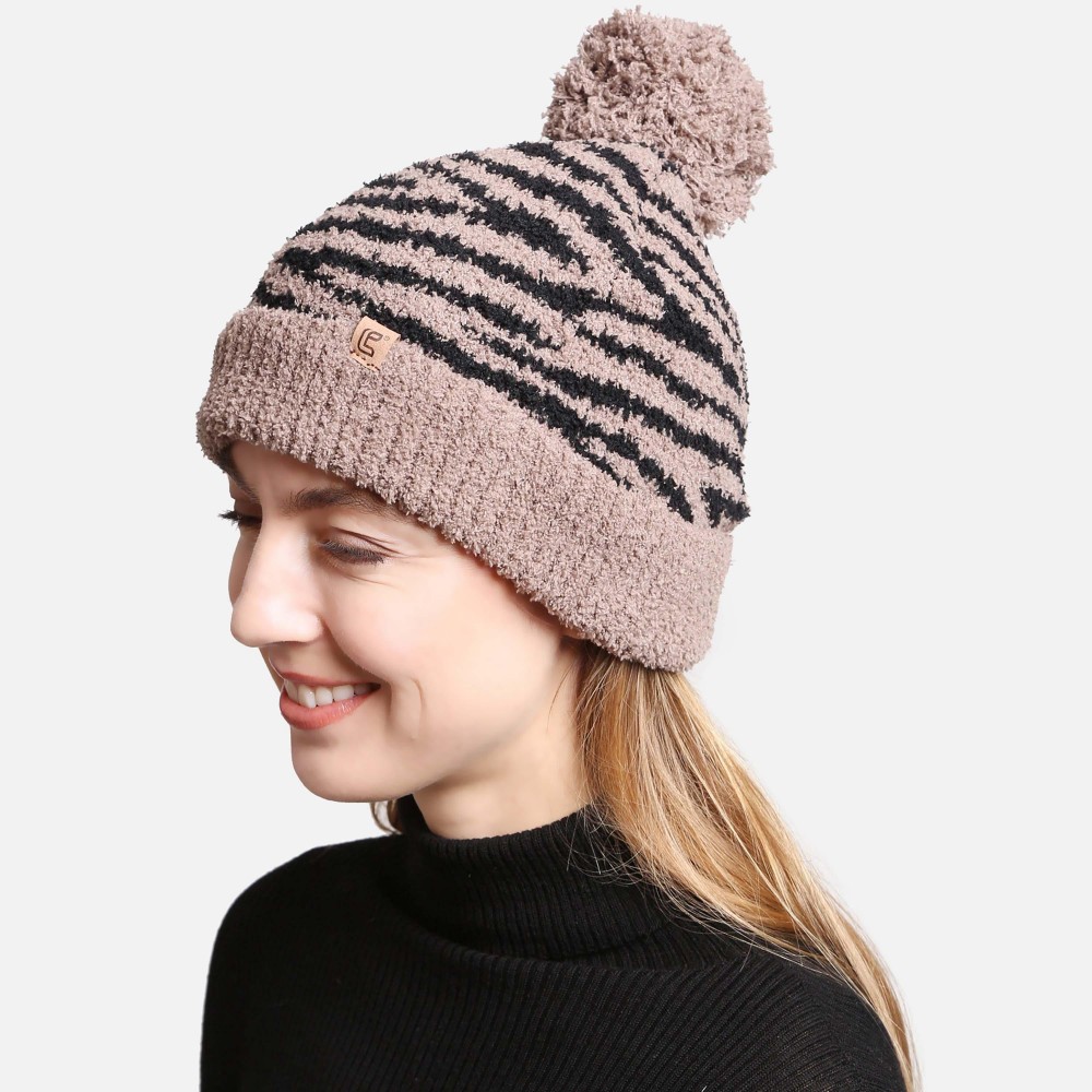 ComfyLuxe Zebra Print Pom Pom Beanie With Lining - One Size Fits Most - 100% Poly Microfiber view 2