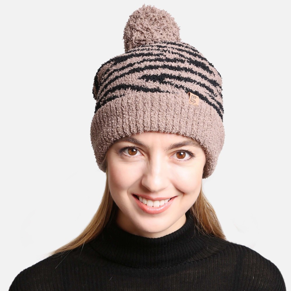 ComfyLuxe Zebra Print Pom Pom Beanie With Lining - One Size Fits Most - 100% Poly Microfiber view 4