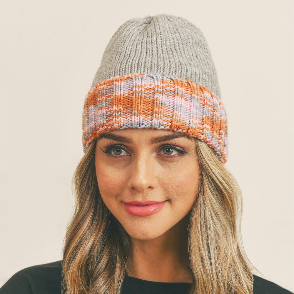 Multicolored Band Knit Beanie With Fleece Lining - One Size Fits Most - 100% Acrylic view 2