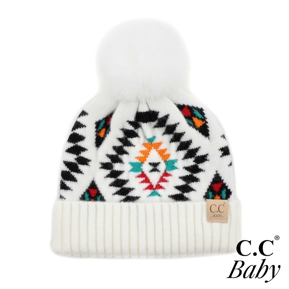 C.C BABY-3001 Aztec Pattern Hat With Soft Faux Fur Pom - One Size Fits Most (0-9 Month) - 47% rayon / 31% PBT / 22% Nylon view 2