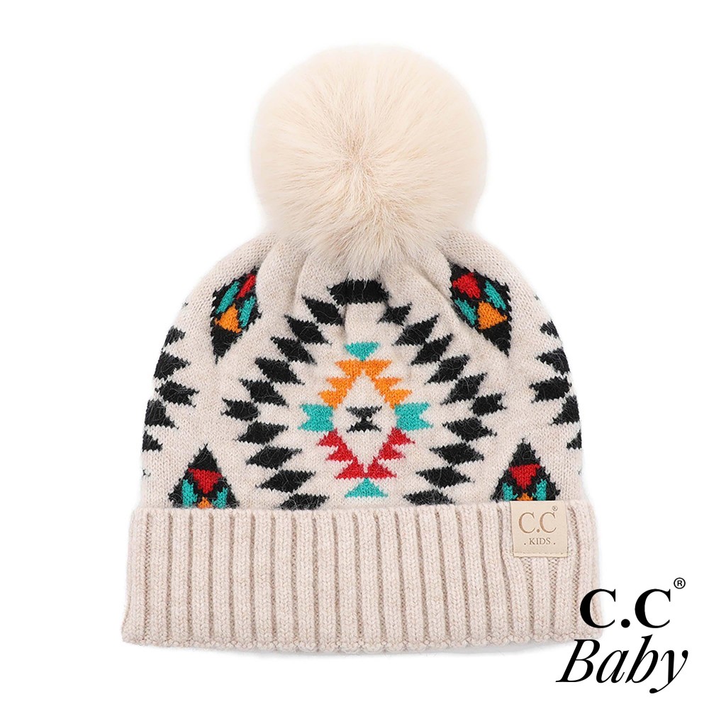 C.C BABY-3001 Aztec Pattern Hat With Soft Faux Fur Pom - One Size Fits Most (0-9 Month) - 47% rayon / 31% PBT / 22% Nylon view 2