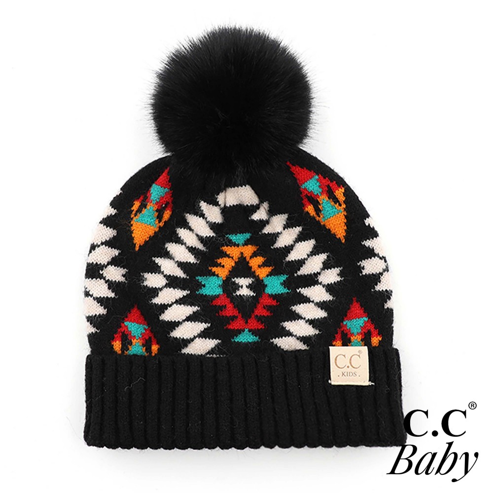 C.C BABY-3001 Aztec Pattern Hat With Soft Faux Fur Pom - One Size Fits Most (0-9 Month) - 47% rayon / 31% PBT / 22% Nylon view 2