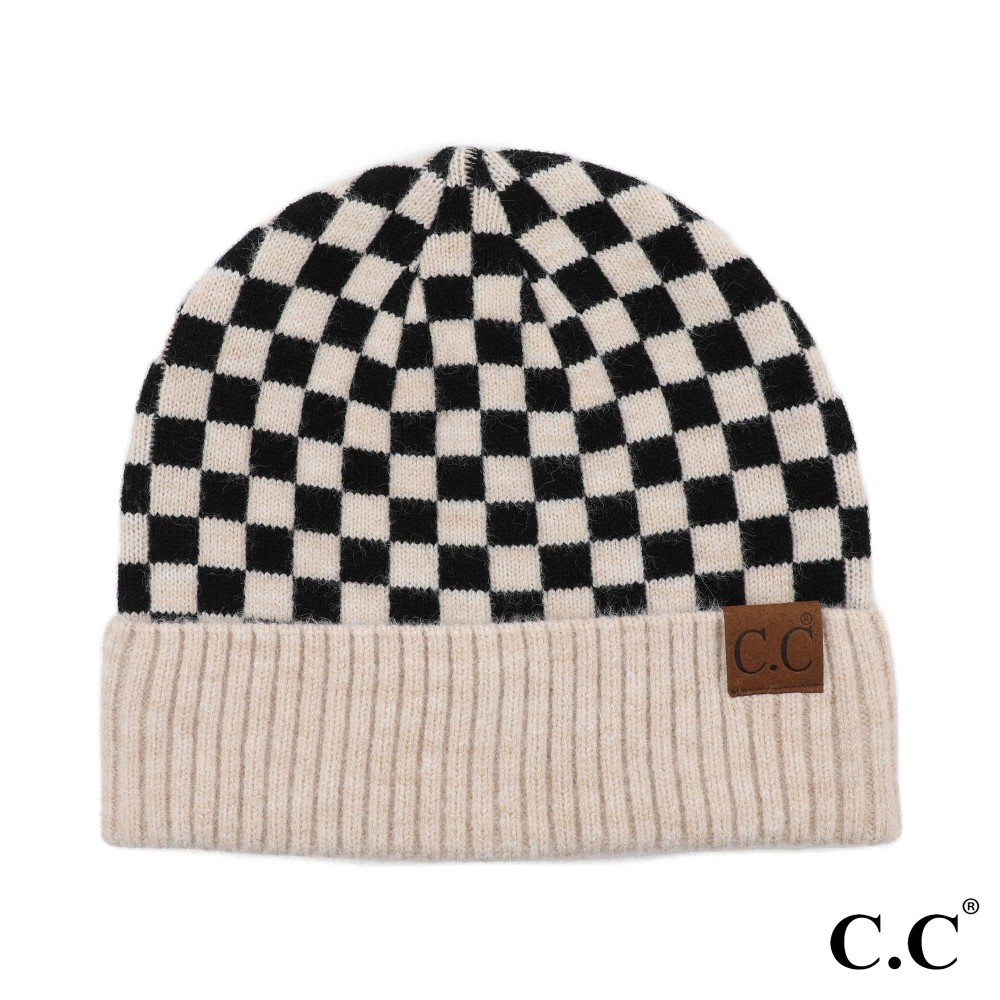 C.C Hat-4003 Checkered Pattern Beanie Hat - One Size Fits Most - 42% Acrylic / 29% Polyester / 25% Nylon / 4% Wool view 2
