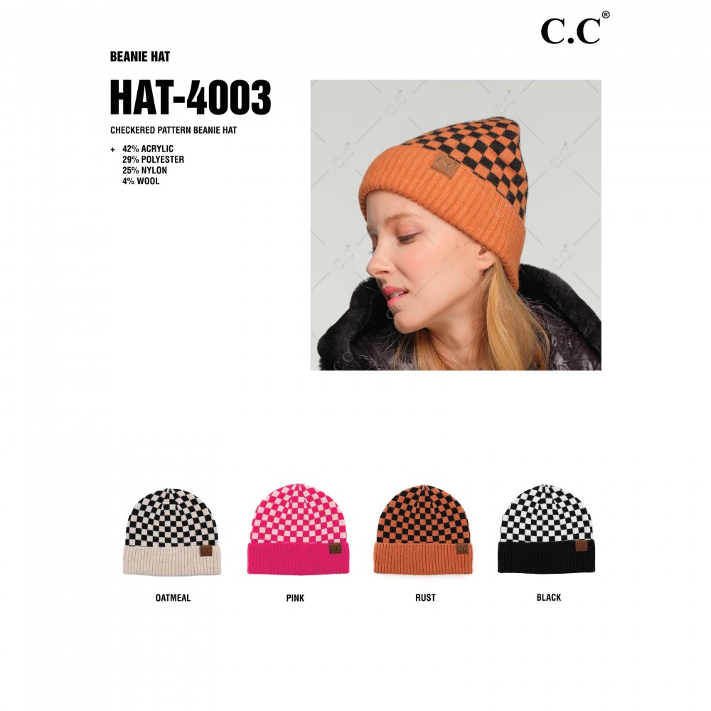 C.C Hat-4003 Checkered Pattern Beanie Hat - One Size Fits Most - 42% Acrylic / 29% Polyester / 25% Nylon / 4% Wool view 4