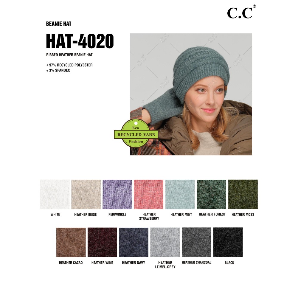 C.C HAT-4020 Ribbed Heather Beanie Hat - One Size Fits Most - 97% Recycled Polyester / 3% Spandex view 4